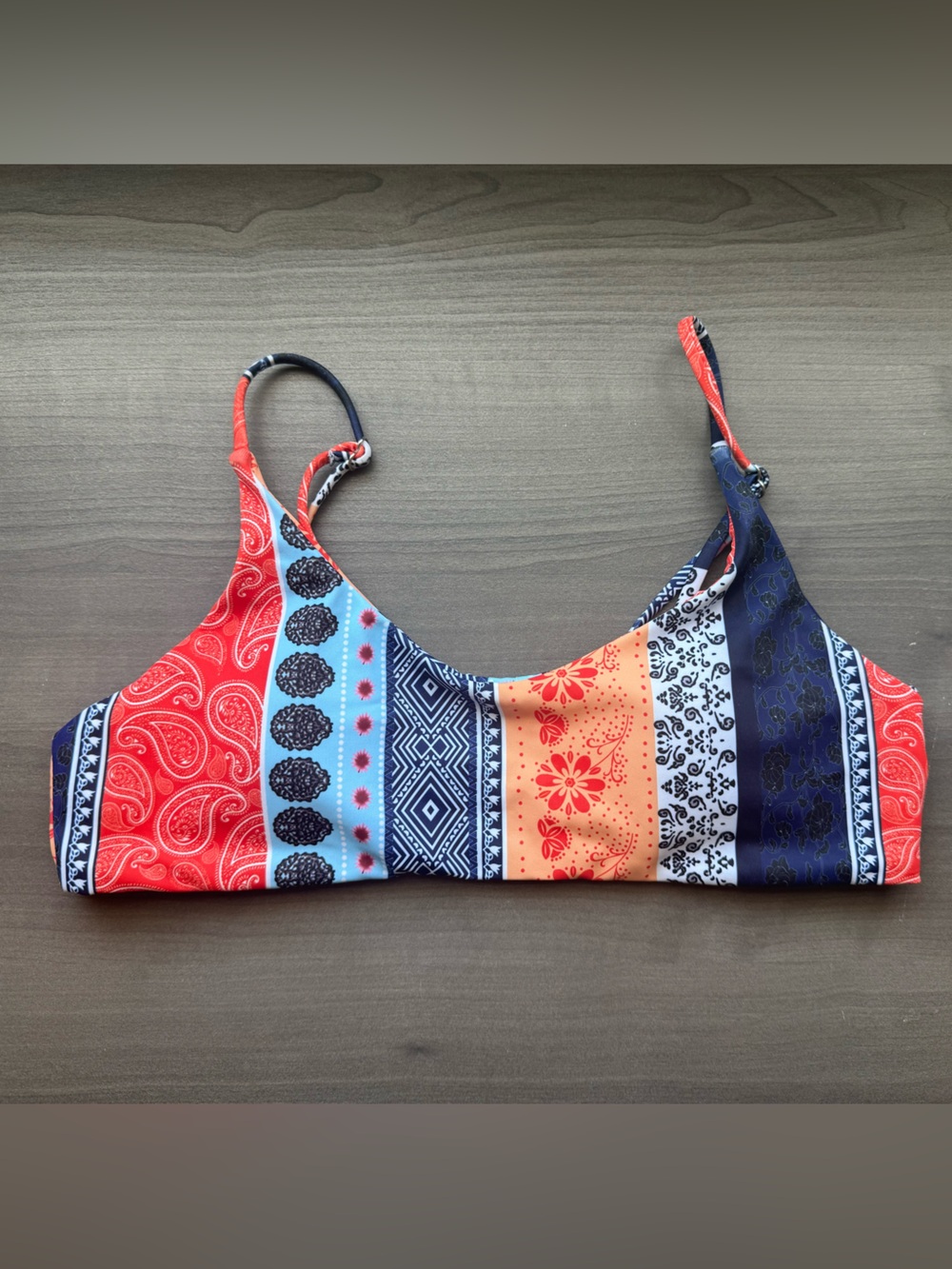 Colorblock Paisley & Geometric Bikini Top - Red, Blue, Orange